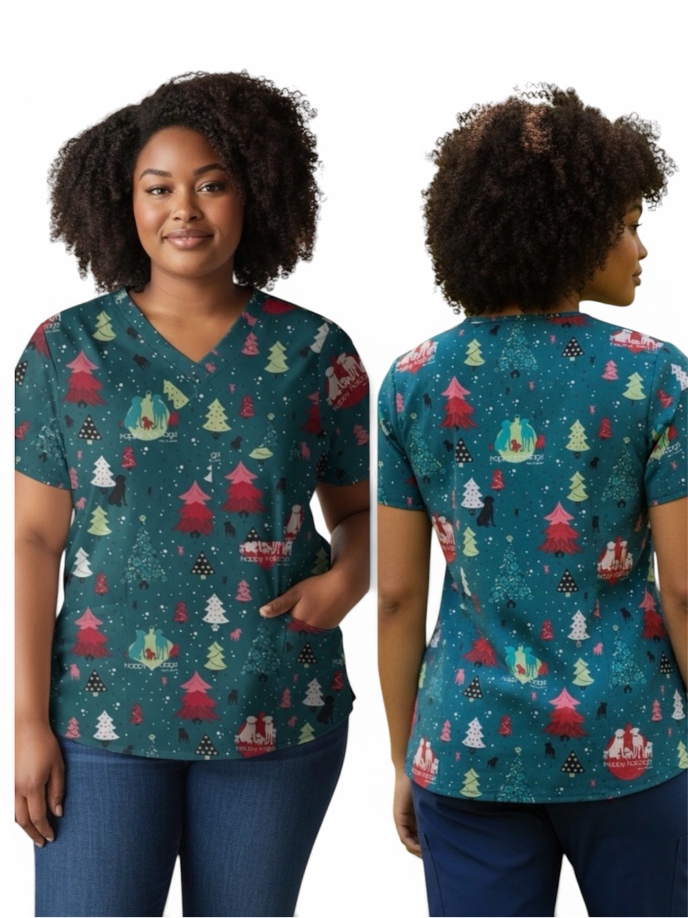 NWT Cherokee Teal Happy Holidogs  Print Scrub Top Size Medium